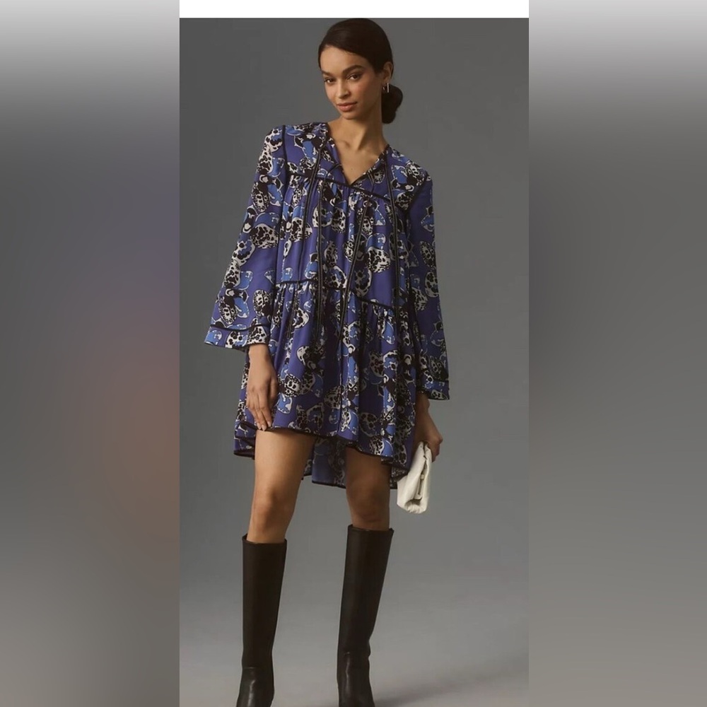 Anthropologie Dhruv Kapoor Blue Asymmetrical Tiered Babydoll Dress XL Brand New